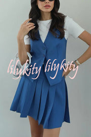 Solid Color Sleeveless Buttoned Vest and High-waisted Pleated Mini Skirt Set