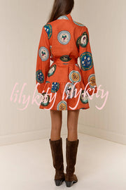 Linen Blend Unique Print Tie Waist Loose Mini Dress