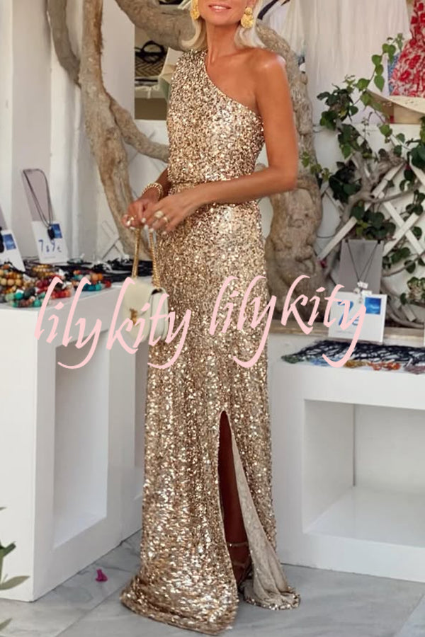 Santorini Night Sequin Fabric One Shoulder Slit Maxi Dress