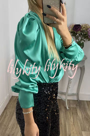 Perfectly Adored Satin Crossover Neckline Puff Sleeve Blouse