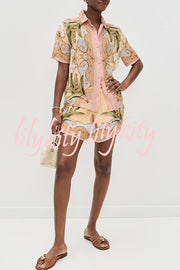 Royalty Unique Print Button Up Short Sleeve Shirt and Elastic Waist Pocketed Loose Shorts Set