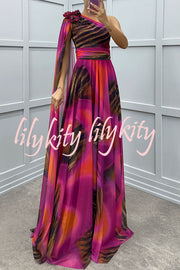 Lucia Unique Print Floral Detail One Shoulder Draped Sleeve Gown Maxi Dress