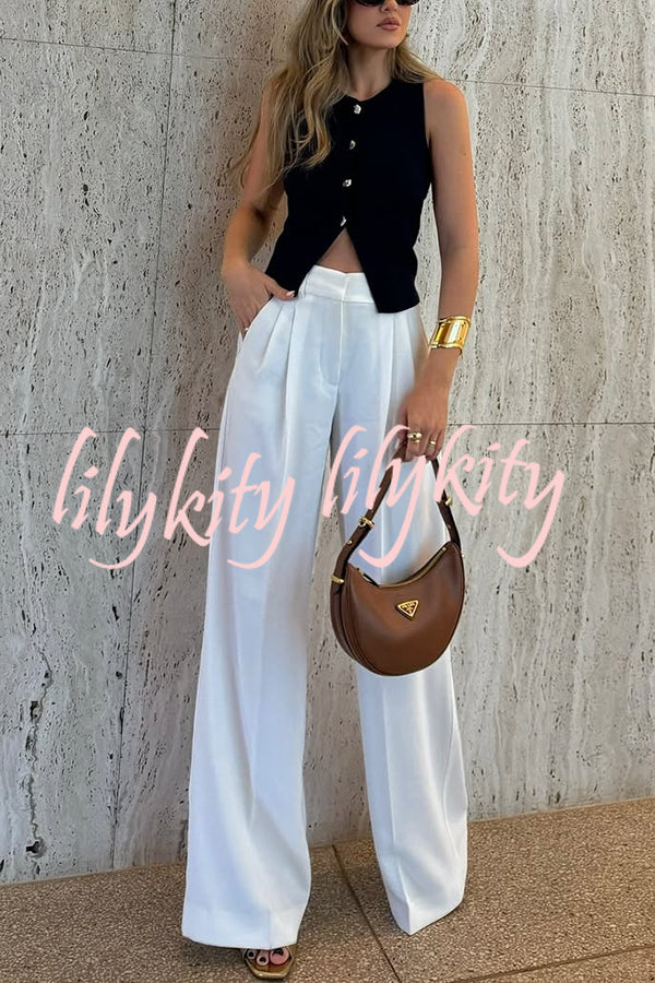 Solid Color Waist Pocket Loose Wide Leg Pants