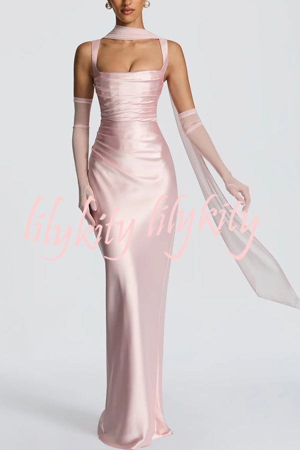 Calanthe Satin Square Neck Ruched Back Lace-up Drape Mesh Scarf Maxi Dress