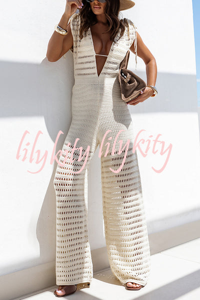 Solid Color Knitted V-neck Holiday Hollow Casual Jumpsuit