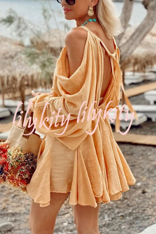 Anita Cold Shoulder Ruched Balloon Sleeve Pleated Hem Loose Mini Dress