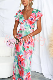 Say I Do Satin Floral Print Cap Sleeves Maxi Dress