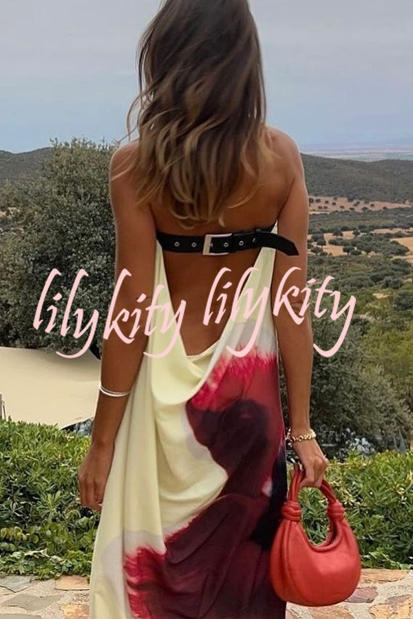 Floral Print Sexy Strapless Backless Belt Maxi Dress