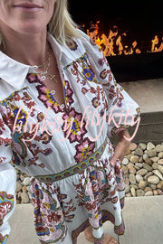 Fun and Vibrant Linen Blend Unique Print Puff Sleeve Pocketed Shirt Mini Dress