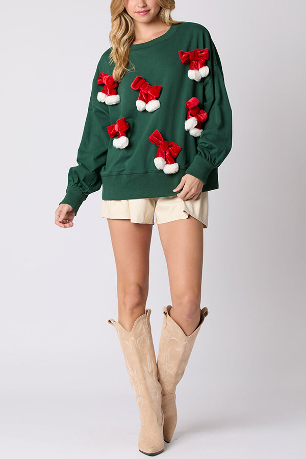 Christmas Bow Embellished Casual Long-sleeved Sweatshirt