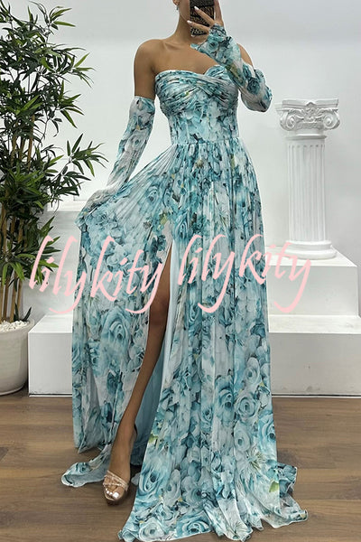 Reina Chiffon Floral Print Pleated Bodice Split Sleeve Strapless Slit Maxi Dress