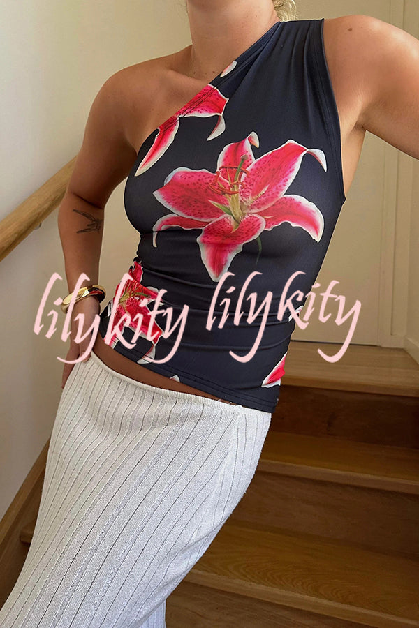 Chic View Like You Floral Print One Shoulder Stretch Tank