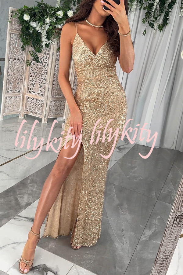 Look At The Bright Sequin V-neck Strap Slit Stretch Maxi Dress