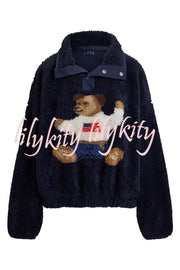 American Retro Polo Bear Pattern Stand Button Neck Long Sleeve Fleece Pullover