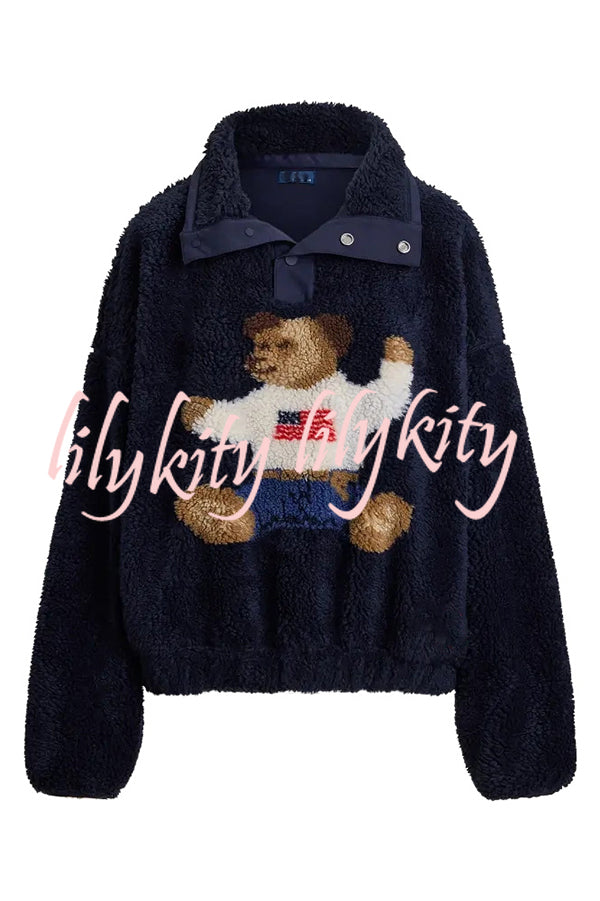 American Retro Polo Bear Pattern Stand Button Neck Long Sleeve Fleece Pullover
