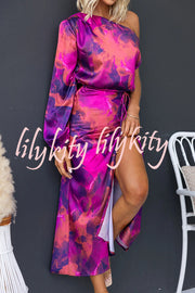 Winona Satin Floral Print One Shoulder Balloon Sleeve Tie-up Maxi Dress