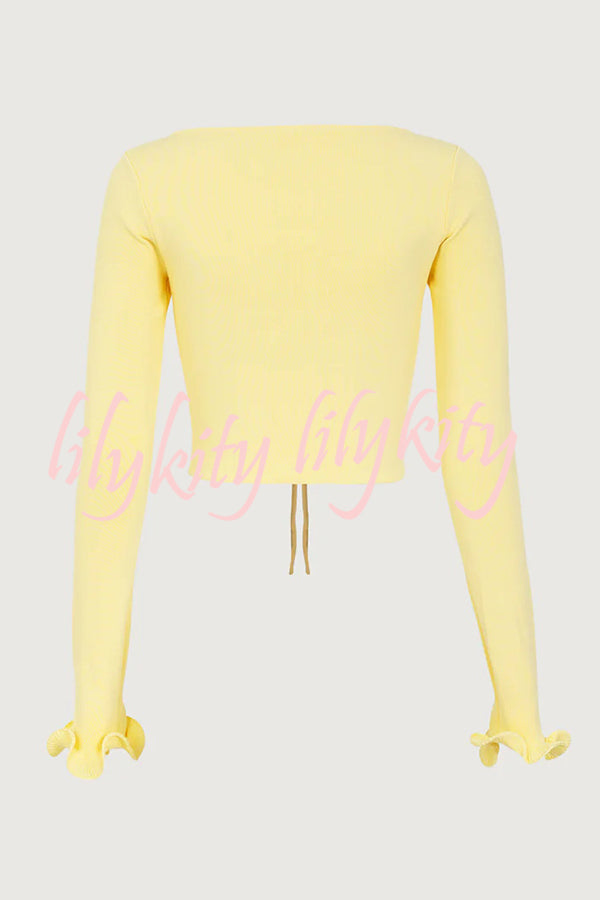 Fashion Ruffled Long-sleeved Tie-cropped Knitted Cardigan