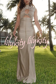 Genis Hollow Elastic Bust High Neck Sleeveless Gathered Maxi Dress