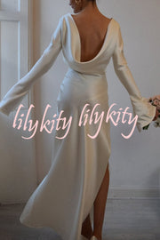 Satin Elegant Long-sleeved Open-back Slim-fit Slit Maxi Dress