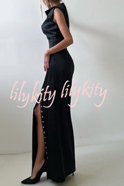 Solid Color Casual Sleeveless Crop Top and Elegant Button-down Maxi Skirt Set