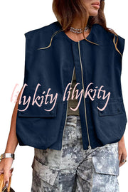 Fashion Zipper Sleeveless Pocket Loose Vest Jacket