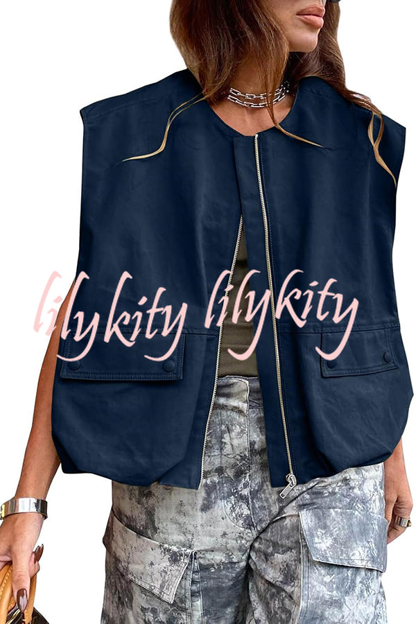Fashion Zipper Sleeveless Pocket Loose Vest Jacket