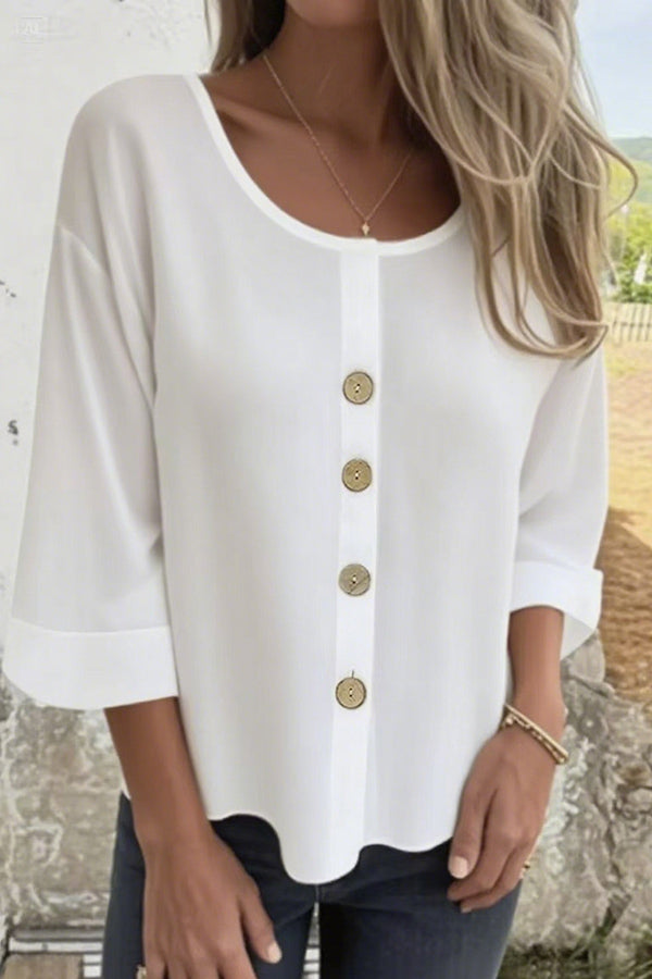 Solid Color Casual Round Neck Button Loose Top