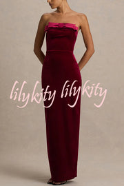 Illusion Velvet Bandeau neck Bow detail Stretch Maxi Dress