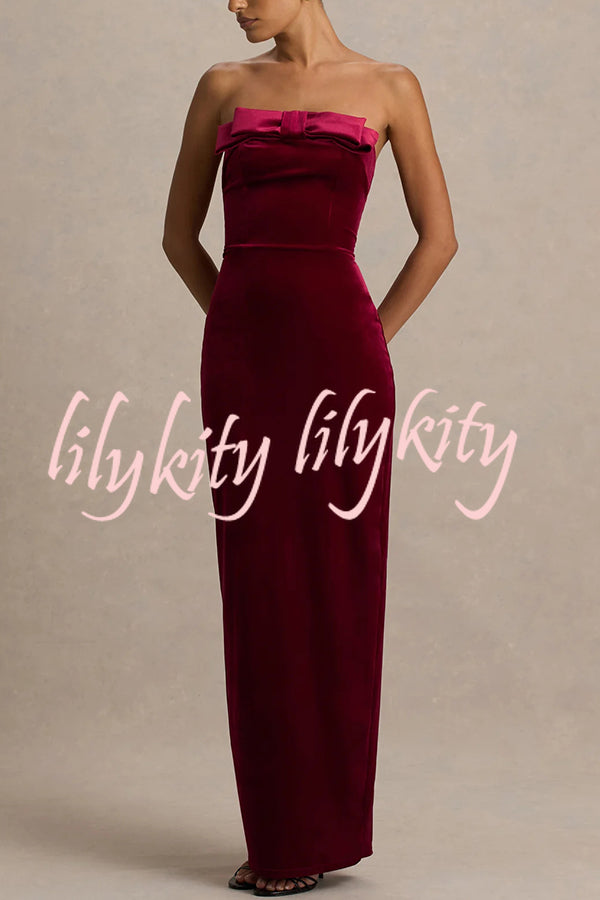 Illusion Velvet Bandeau neck Bow detail Stretch Maxi Dress