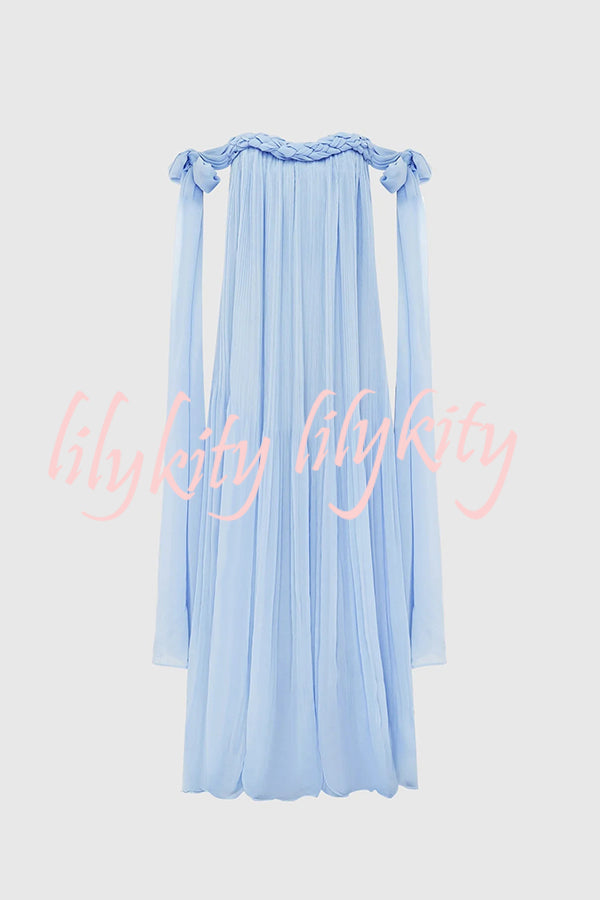 Fairy Spirit Tulle Braided Neckline Tie Arm Straps Pleated Maxi Dress