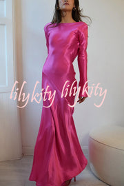 Satin Elegant Long-sleeved Open-back Slim-fit Slit Maxi Dress