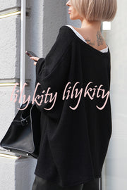 Warm Winter Ribbed Knit V-neck Batwing Sleeve Loose Relaxed Sweater