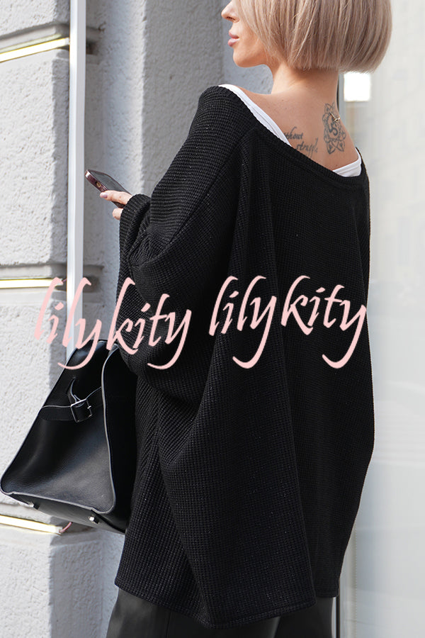 Warm Winter Ribbed Knit V-neck Batwing Sleeve Loose Relaxed Sweater