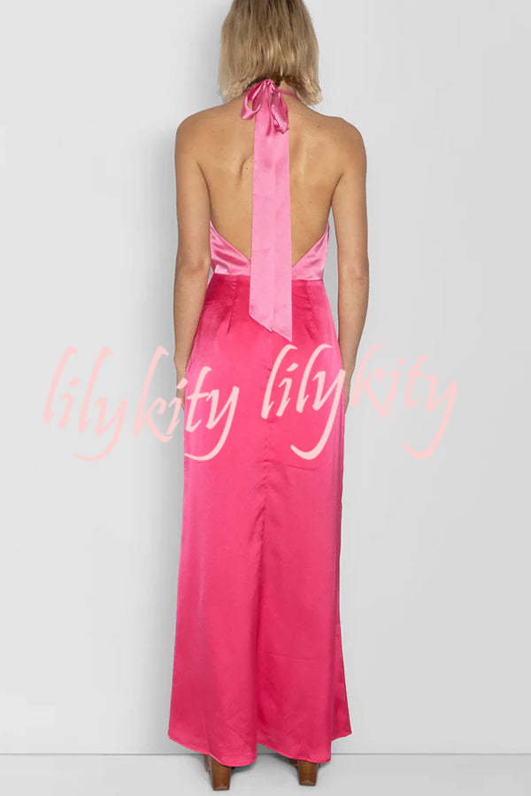 Like A Gem Satin Colorblock Halter Backless Party Maxi Dress