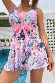 Cheerful Floral Print Bow Detail Tankini Swimsuit Set