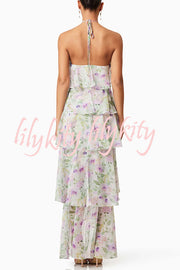 Cocktail Party Sheer Floral Georgette Halter Flowy Tiered Maxi Dress
