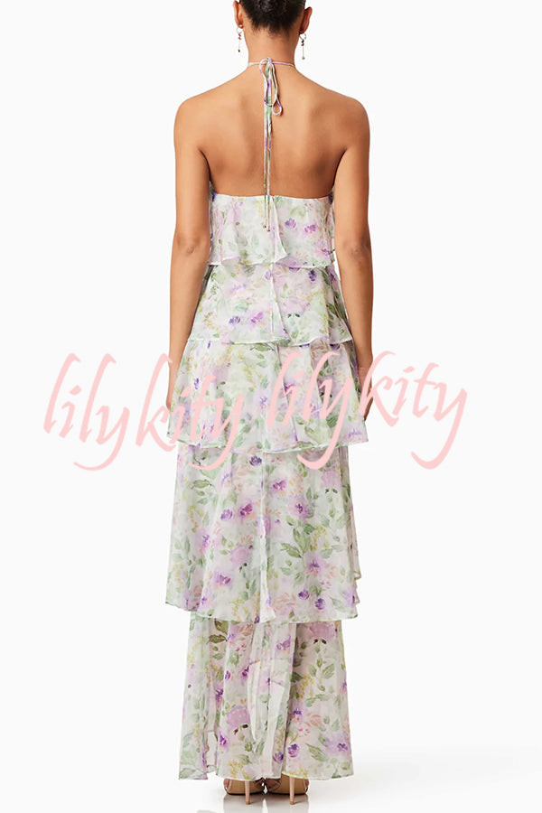 Cocktail Party Sheer Floral Georgette Halter Flowy Tiered Maxi Dress
