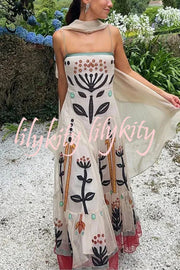 Botanical Print Chiffon Sling Backless Resort Maxi Dress