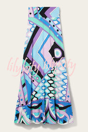 Uniquely Printed Casual Long-sleeve Shirt and Hip-covering Maxi Skirt Set