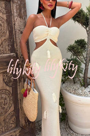 Fashion Halterneck Waist-baring Tassel-embellished Knitted Maxi Dress