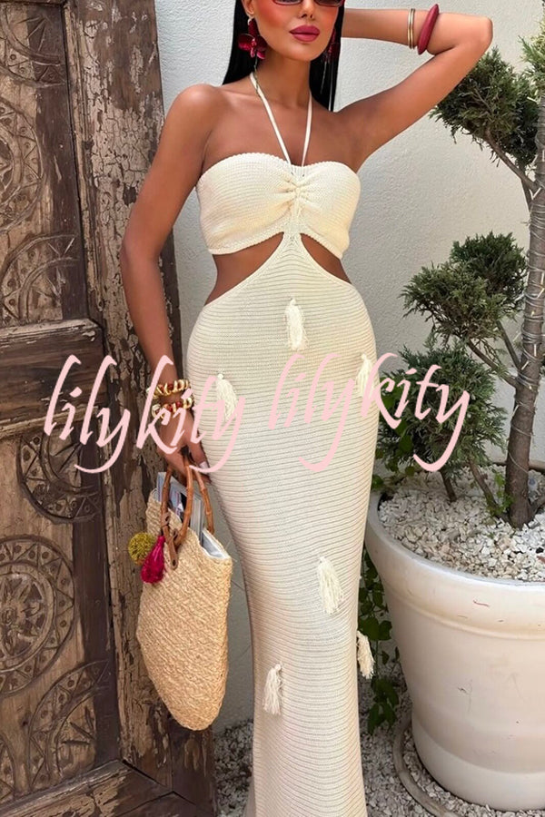 Fashion Halterneck Waist-baring Tassel-embellished Knitted Maxi Dress