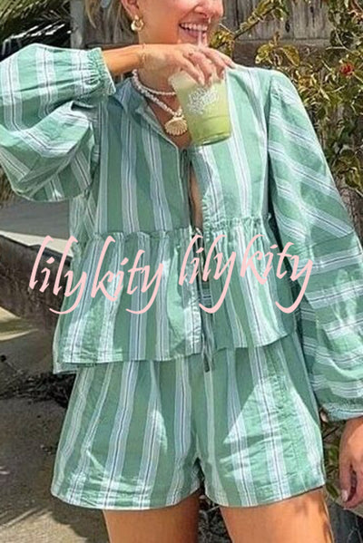 Stylish Striped Print V-neck Tie Top and Elastic Waist Loose Shorts Set