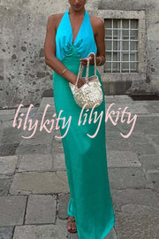 Like A Gem Satin Colorblock Halter Backless Party Maxi Dress