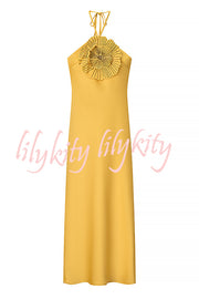 Fashionable Beaded Large Flower Decoration Halter Neck Backless Maxi Dress