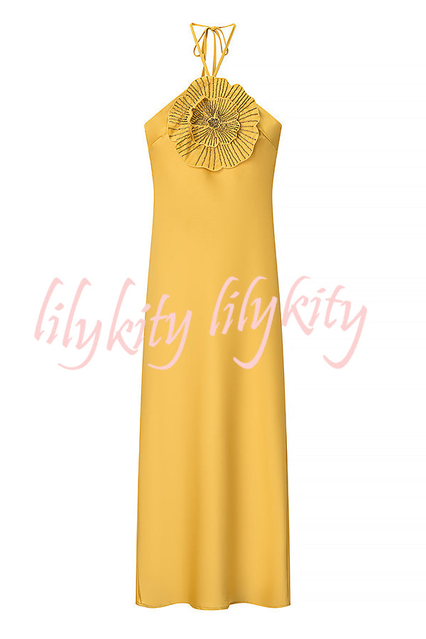 Fashionable Beaded Large Flower Decoration Halter Neck Backless Maxi Dress