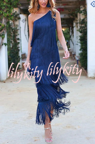 Stylish Fringed One Shoulder Asymmetric Midi Dress