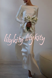 Satin Elegant Long-sleeved Open-back Slim-fit Slit Maxi Dress