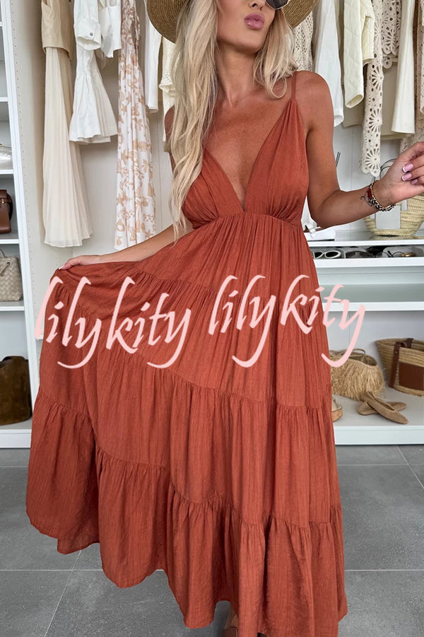 Bohemian Style V-neck Backless Slip Layered Vacation Maxi Dress