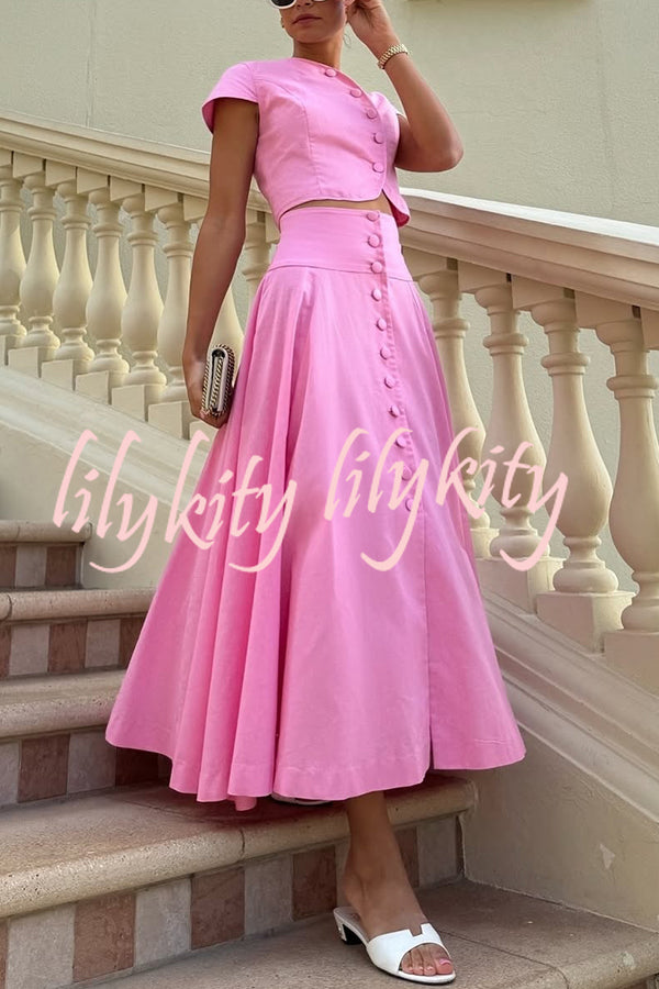 Solid Color Round Neck Button Crop Top and Elegant High Waist Slit Maxi Skirt Set