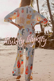 Abstract Sea Creature Print Button Pockets Elastic Waist Pant Suit